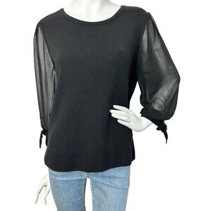 Chicos Sweater Womens Large P Chiffon Sleeve Round Neck Pull Over Black Knit EUC